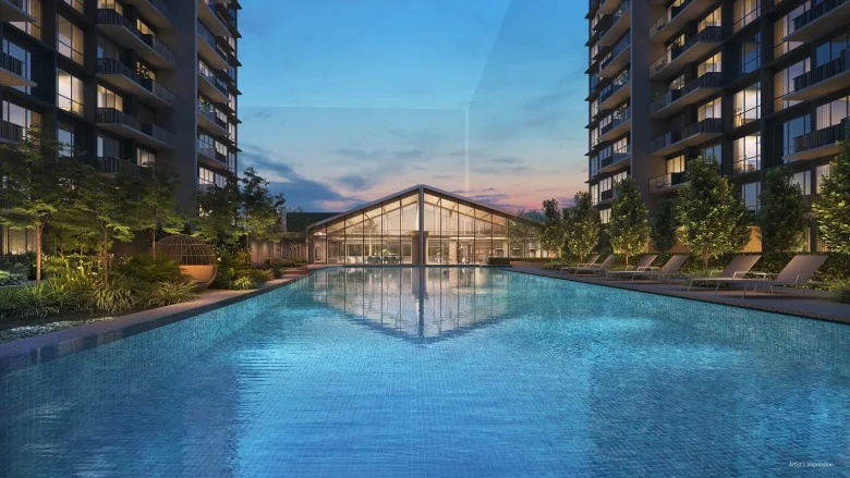 Lucerne Grand proposed pool and clubhouse at night, artist’s impression by CDL